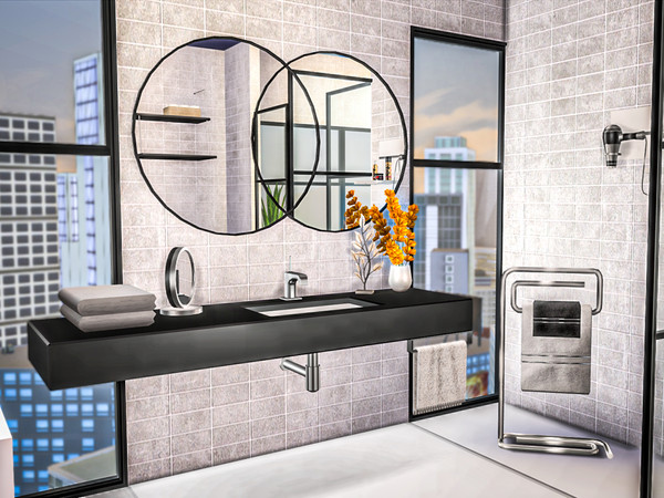 Sims 4 — Soft Bathroom by dylandillow — A bright bathroom, in shades of black and white and a large window in the tub