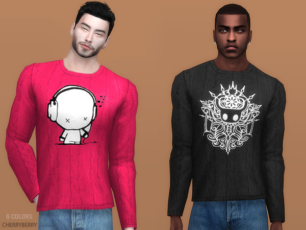 Sims 4 — Cory - Graphic Sweater by CherryBerrySim — Knitted bright-colored sweater with graphics for male sims. 6 colors