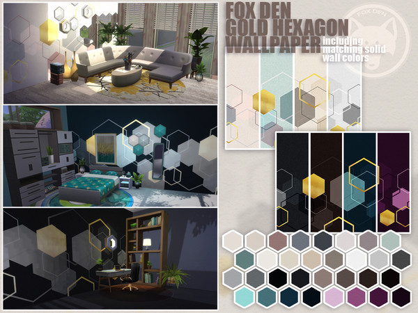 Sims 4 — hexagon wallpaper set by M31l1n — Wallpaper with a hexagon pattern and golden accents (8 swatches). Also