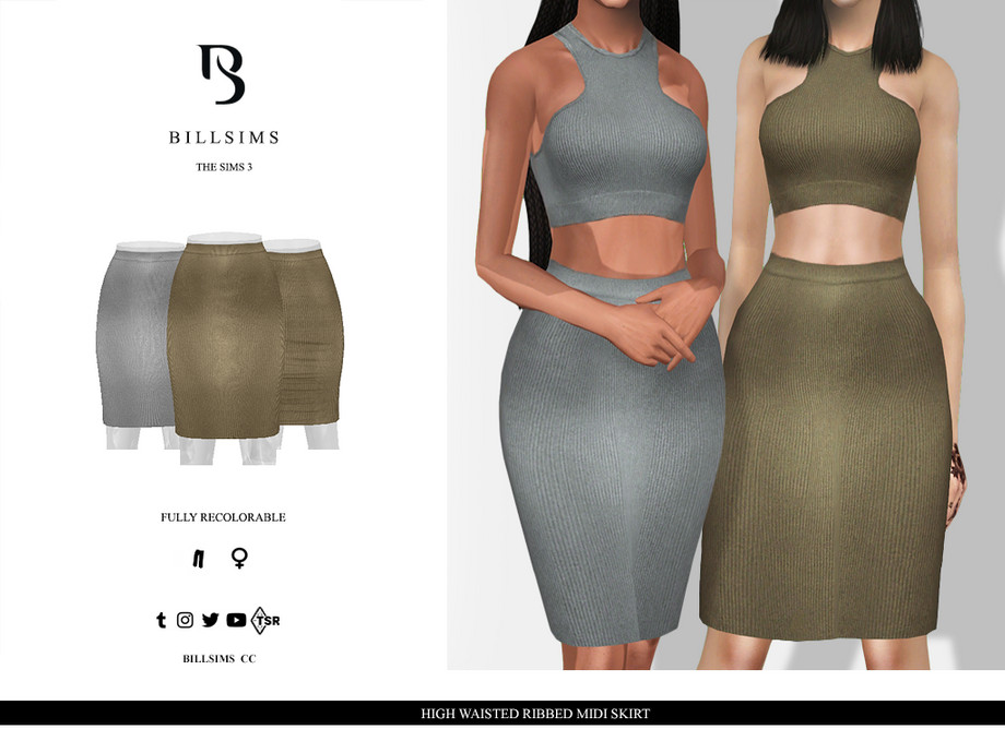 The Sims Resource - High Waisted Ribbed Midi Skirt
