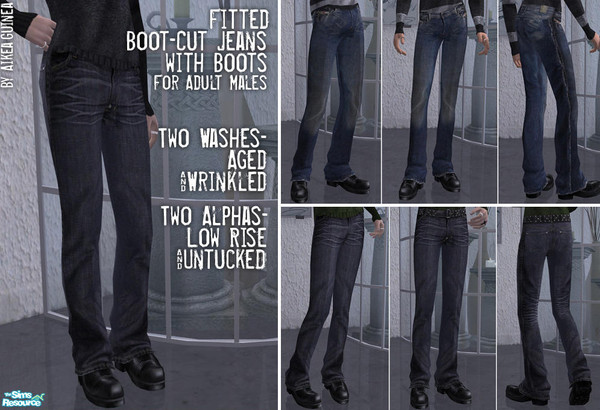 Sims 2 — Set of 4 Adult Male Boot Cut Jeans  by aikea_guinea — Two washes--aged and wrinkled. Two alphas--low rise and