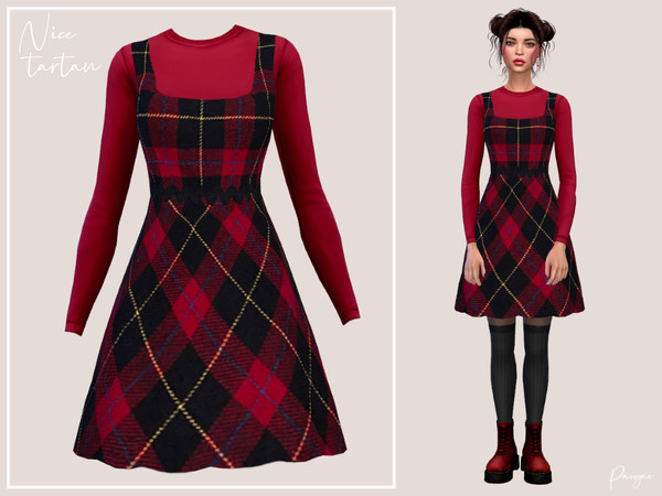 Sims 4 — NiceTartan by Paogae — Red sweater and tartan dress, a classic outfit for the Christmas holidays, but cute