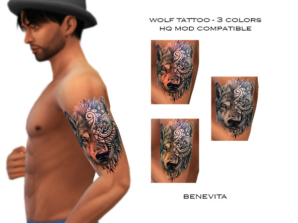 Sims 4 — Wolf Tattoo [HQ] by Benevita — Wolf Tattoo HQ Mod Compatible 3 Colors I hope you like!