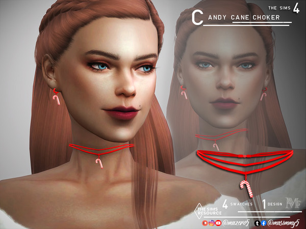 Sims 4 — Candy Cane Choker by Mazero5 — Double layer cord with candy cane pendant Female 4 Swatches All Lods