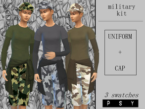 Sims 4 — Military Kit by Psychachu — (3 swatches) - Training Uniform + Cap in three common shades of camo.