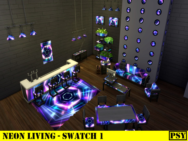 Sims 4 — Neon Living by Psychachu — 16 Items Included: - Sofa - Armchair - Lights (Long) - Lights (Medium) - Lights