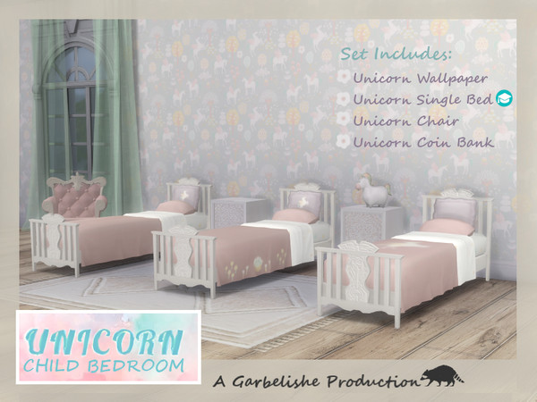 Sims 4 — Unicorn Child Bedroom by Garbelishe — Set Includes Unicorns Wallpaper, Unicorn Single Bed, Unicorn Chair and