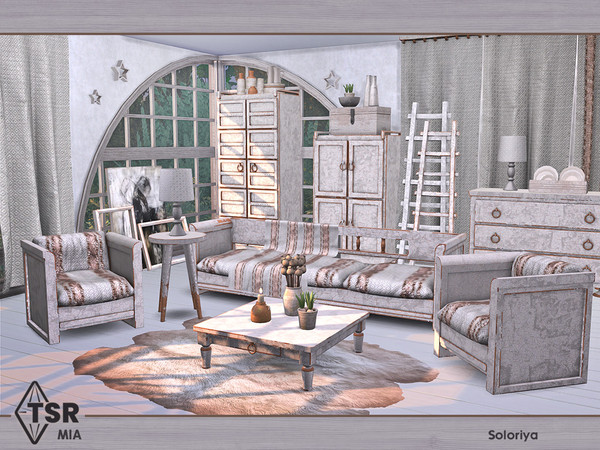 Sims 4 — Mia by soloriya — Old vintage furniture for living rooms. Includes 11 objects: --armchair, --two cabinets,