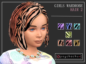Sims 4 — Girls Wardrobe - Hair 2 by Psychachu — (7 swatches) - Basegame Bob Cut in a tiger-style dye job, available in 7