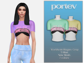 Sims 4 —  Worldwide Slogan  Crop  T-Shirt by portev — New Mesh 7 colors All Lods For female Teen to Elder