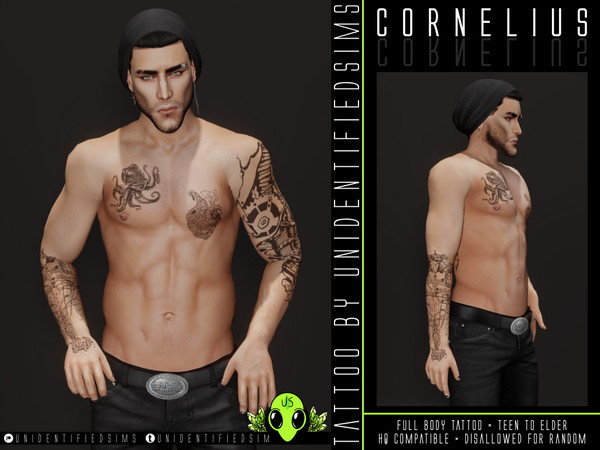 Sims 4 — Cornelius Tattoo by unidentifiedsims — Full body tattoo x1 colour swatch HQ compatible Works with all skins