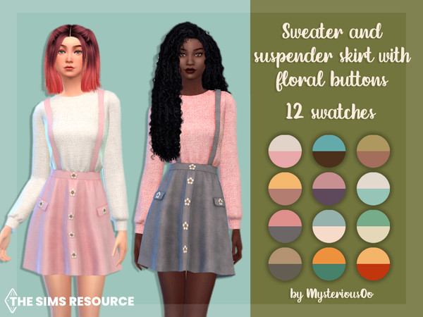 The Sims Resource - Sweater and suspender skirt with floral buttons