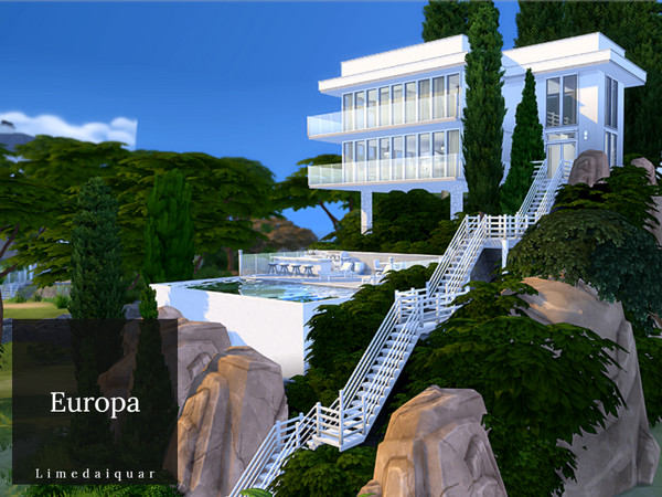 Sims 4 — Europa by Limedaiquar — Europa is retro contemporary style home that is built on a steep, overgrown hillside. It