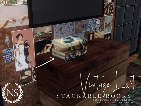 Sims 4 — Vintage Loft - Stackable Books by networksims — A book with various artwork covers, with a slot to make it