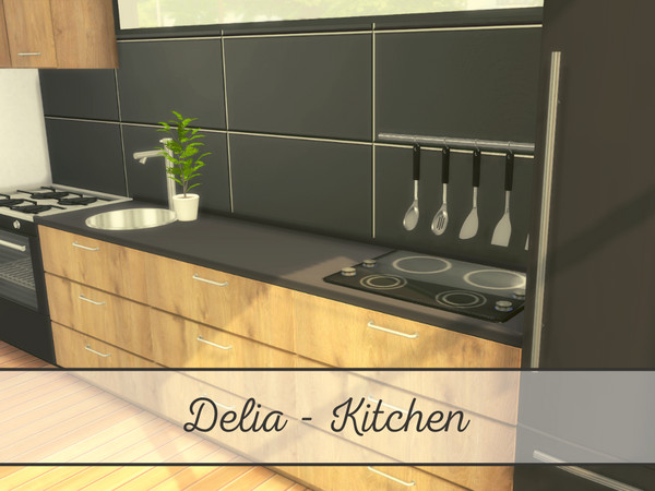 Sims 4 — Delia - Kitchen - TSR CC only by 1990Evi — Modern kitchen in black, white, and with wooden accents. Fully