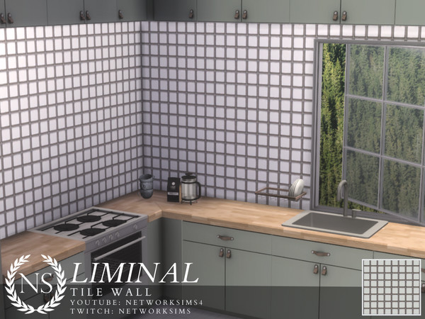 Sims 4 — Liminal Tile Wall by networksims — A white tile wall with dark grouting.