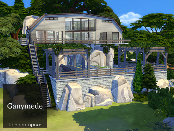 Sims 4 — Ganymede by Limedaiquar — Ganymede is a uniquely styled home settled in a trickling waterfall. It features 3