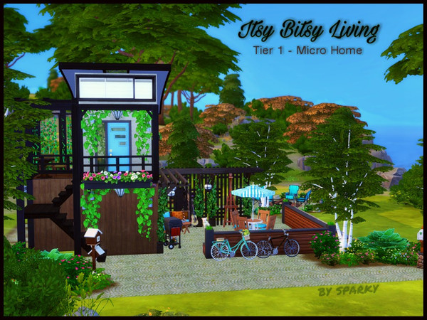 Sims 4 — Itsy Bitsy Living by Sparky — Itsy Bitsy Living is a tier 1 Micro Home built on 32 tiles. 2nd floor entrance