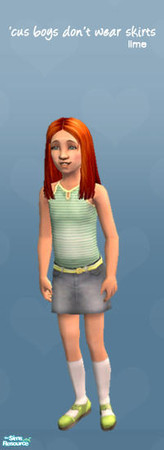Sims 2 — 'cus boys don't wear skirts - lime by Ninika — A light blue denim skirt with a lime belt and lime shoes with