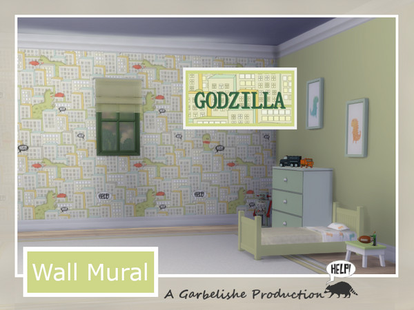 Sims 4 — Godzilla Wall Mural by Garbelishe — A seamless wall mural with Godzilla wreaking havoc. Plus 6 paint swatches.