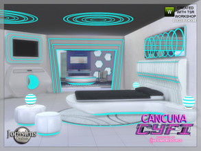 Sims 4 — CyFi Cancuna bedroom by jomsims — cyfi collab: cancuna bedroom. futuristic lines. with neon furniture. double