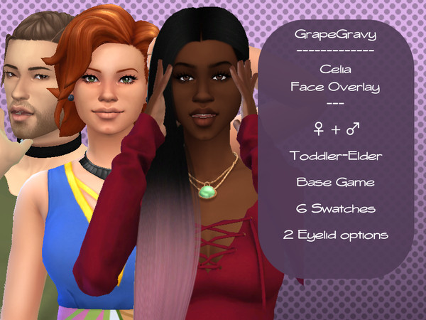 Sims 4 — Celia Face Overlay by Grapegravy — Available for female and male sims Toddler-Elder Base Game 6 Swatches 2