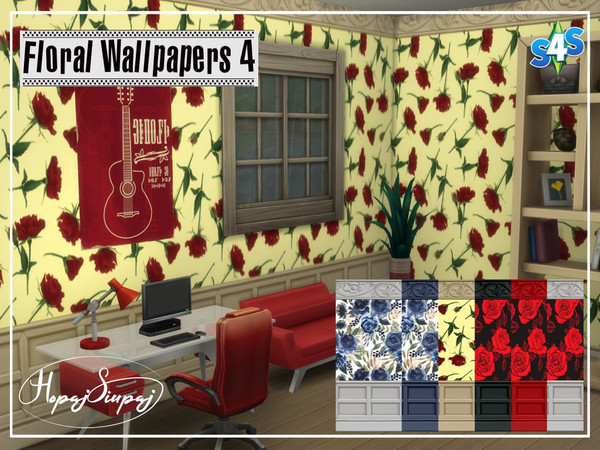 Sims 4 — Floral Wallpapers 4 by HopajSiupaj — - Base Game Compatible - flower wallpaper in 6 swatches - 3 wall heights
