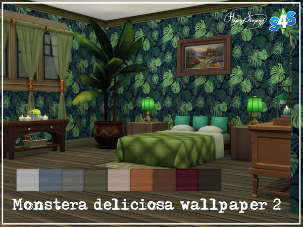 Sims 4 — Monstera deliciosa wallpaper 2 by HopajSiupaj — - only Base Game needed - 9 Swatches - Mesh- EA - 3 wall heights