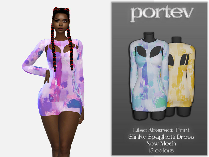 The Sims Resource - Lilac Abstract Print Slinky Spaghetti Dress