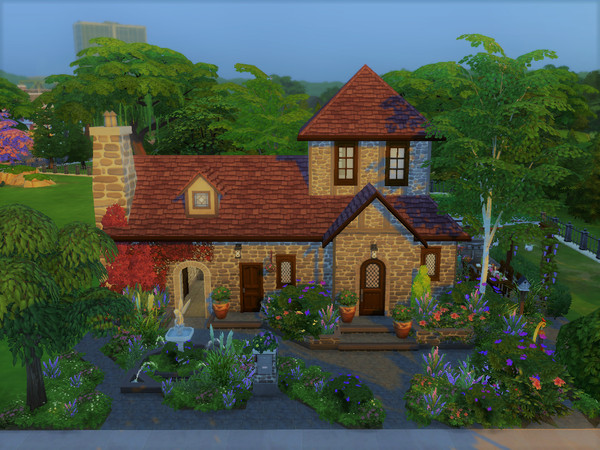 Sims 4 — Le Rivage no cc by sgK452 — House to furnish, the exterior is furnished and decorated. pond with flowers and