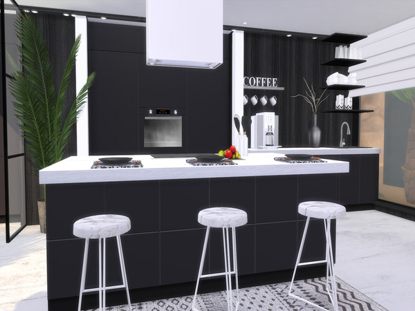 Sims 4 — Black White Kitchen by Suzz86 — Black White Kitchen is a fully furnished and decorated kitchen. Size: 8x8 Value: