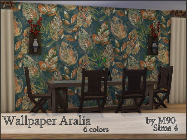 Sims 4 — M90 Aralia by Mircia90 — Wallpaperwith leaves in 6 colors. Inspired by real wallpaper.
