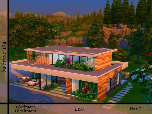 Sims 4 — Lexi by Simara84 — Modern House with one bedroom and one bathroom. A lot of plants on the outside, a pool and an