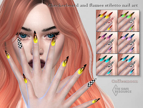 Sims 4 — Checkerboard and flames stiletto nail art by coffeemoon — "Rings" category 7 color options for female