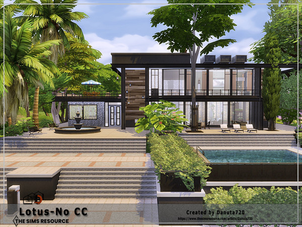 Sims 4 — Lotus-No CC by Danuta720 — This modern house is surrounded by the greenery of rare trees and shrubs. If your