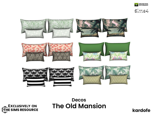 Sims 4 — The Old Mansion Cushions by kardofe — Set of four cushions, to be placed on the bed, in six colour options