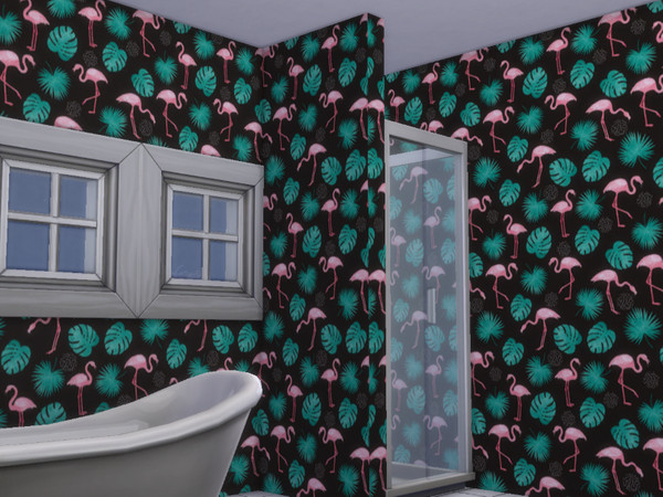 Sims 4 — Tropical Green and Flamingo Wallpaper by Morrii — Tropical Green and Flamingo Wallpaper