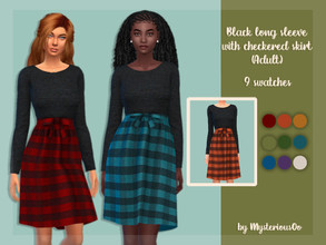 Sims 4 — Black long sleeve with checkered skirt Adult by MysteriousOo — Black long sleeve with checkered skirt in 9