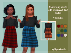 Sims 4 — Black long sleeve with checkered skirt Child by MysteriousOo — Black long sleeve with checkered skirt for kids