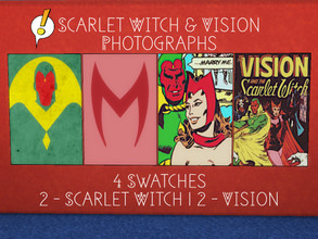 Sims 4 — Scarlet Witch and Vision by kayyyypowerrrr — Comic pages/covers and logos of Scarlet Witch and Vision.
