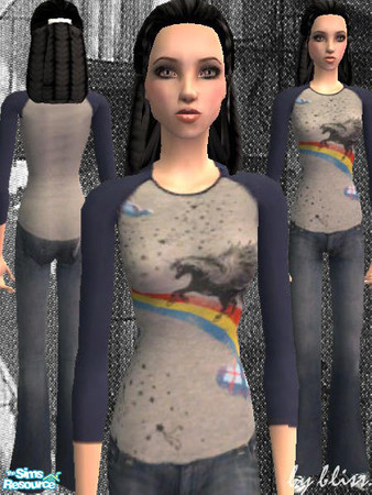 Sims 2 — fantasy.  by bliss. — grey shirt with fantasy print, jeans & converse chucks for teen girls. requires: