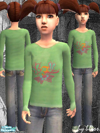 Sims 2 — fairyland. by bliss. — green sweater with flowery print, jeans & matching converse chucks for children. 