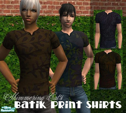Sims 2 — Batik Print Shirts by shimmeringcat — Fitted, tight shirts with an uneven, worn texture in batik print. No mesh