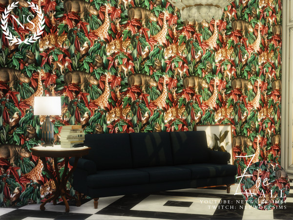 Sims 4 — Zoe Wallpaper by networksims — A wallpaper with a botanical and animal design.