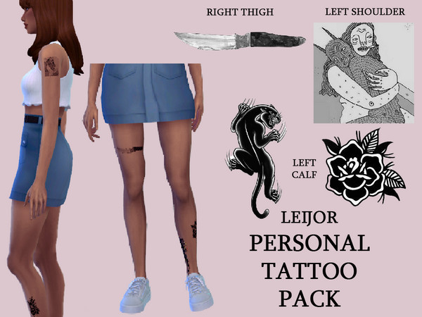 Sims 4 — Personal Tattoo Pack by leighajs — Features a knife thigh tattoo, two American traditional calf tattoos (flower