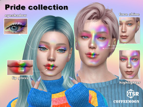 Sims 4 — Pride makeup collection by coffeemoon — Set includes: eye shadow, lip gloss, fase shine, highlighter for female