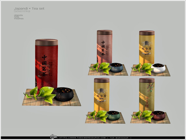 Sims 4 — Japandi - tea by Severinka_ — Tea in a tin on a bamboo napkin and a measuring cup with tea From the set 'Japandi