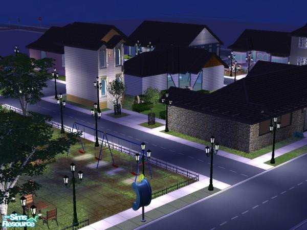 Sims 2 — Downtown Shopping by mselah — A large lot with seven different buildings to be set up any way you like. Also