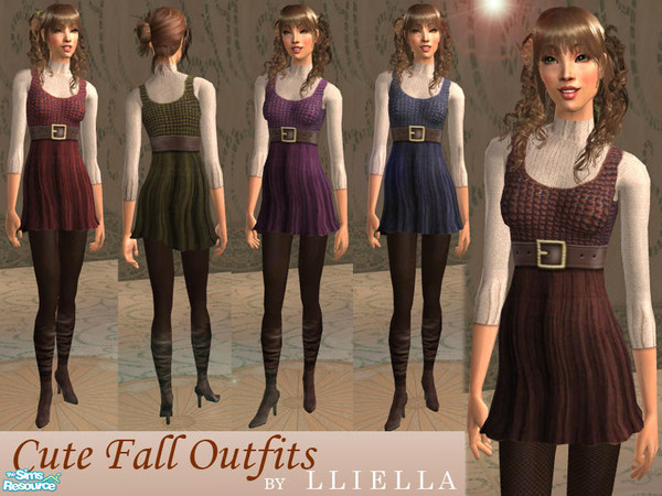 Sims 2 — Cute Fall Outfits by lliella — Cute textured-knit jumper over white turtle neck sweater. With leather belt and