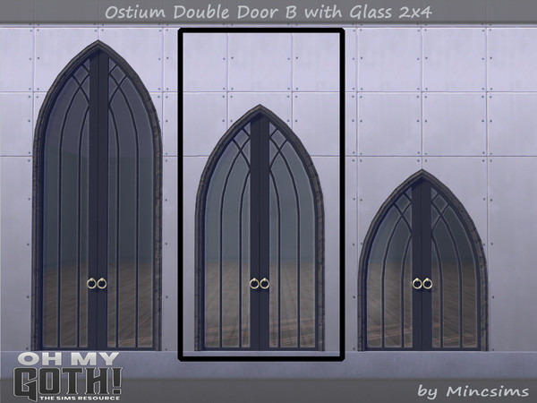 Sims 4 — Ostium Double Door B with Glass 2x4 by Mincsims — A part of Oh My Goth Collab. Basegame Compatible. 3 swatches.